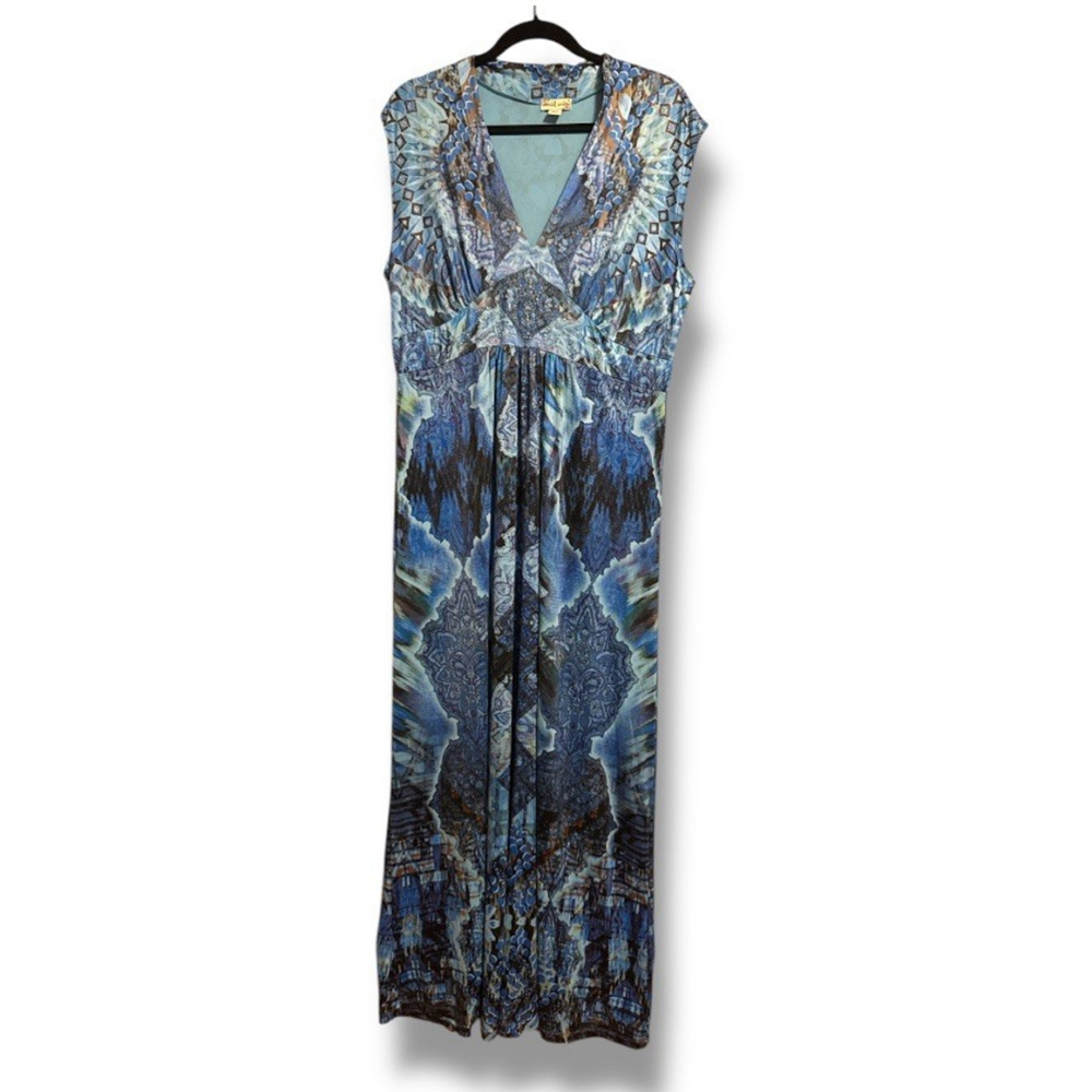 World Unity Womens Size L Blue Paisley Y2K Graphic Slinky Maxi Dress Embellished